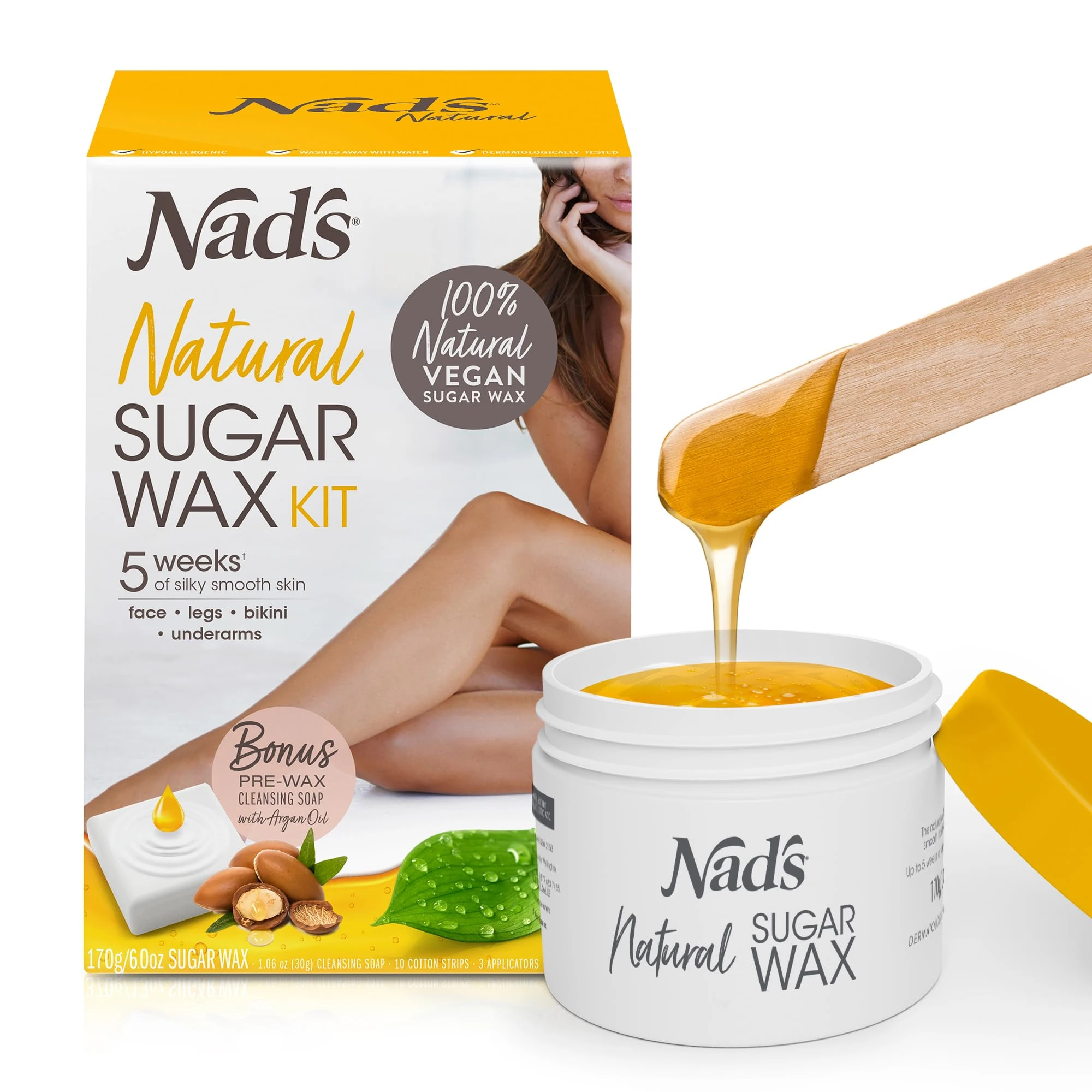 Nad's 100% Natural Sugar Wax Kit, Vegan, Hypoallergenic, No-heat Formula Waxing Sugar Paste, Includes 6 Wooden Spatulas, 10 Reusable 100% Cotton Strips, 1 Pre-wax Cleansing Soap & Sugar Wax 170g