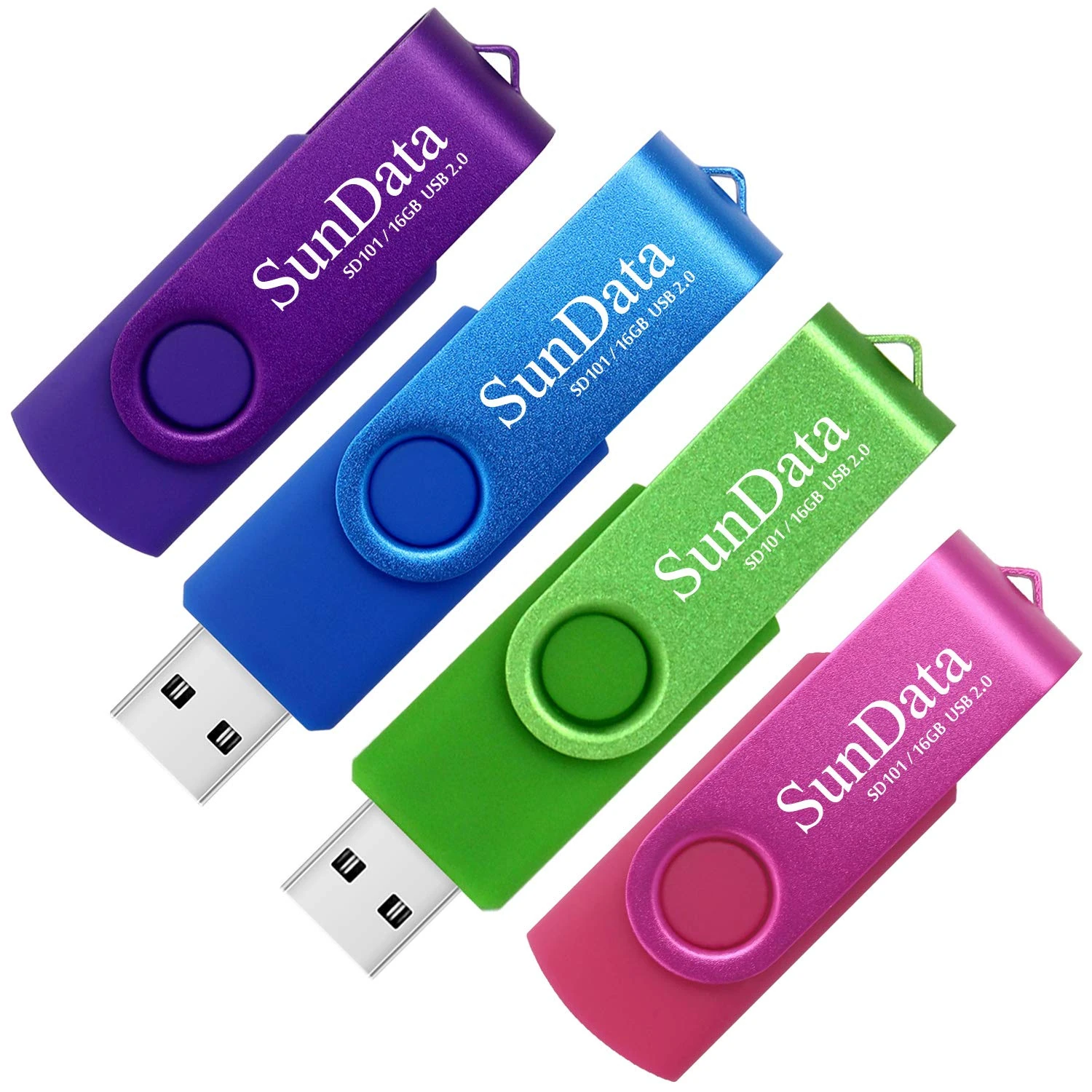 SunData 16GB Memory Stick 4 Pack USB 2.0 Flash Drive Swivel Design Thumb Drives USB Stick Pen Drive for Data Storage with LED Light (4 Colors: Blue Green Purple Pink)
