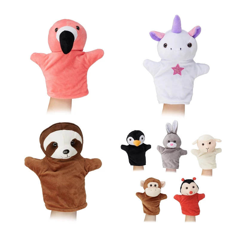 Relaxdays Set of 8 Hand Puppets for Children, Animal Toys, Monkey, Sloth, Flamingo, Unicorn, Soft Plush, Colourful