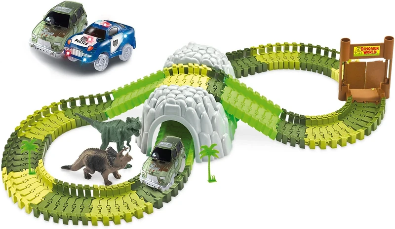 Amewi 100651 Magic Traxx Racing Track in Dino Park, 374 Pieces Mega Set with Tunnel and Storage Box