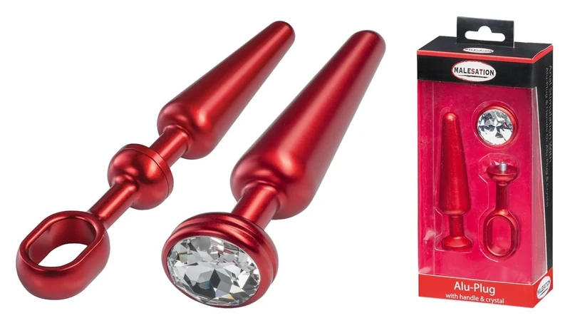MaleSATION Aluminium Plug with Handle and Gemstone Medium Red