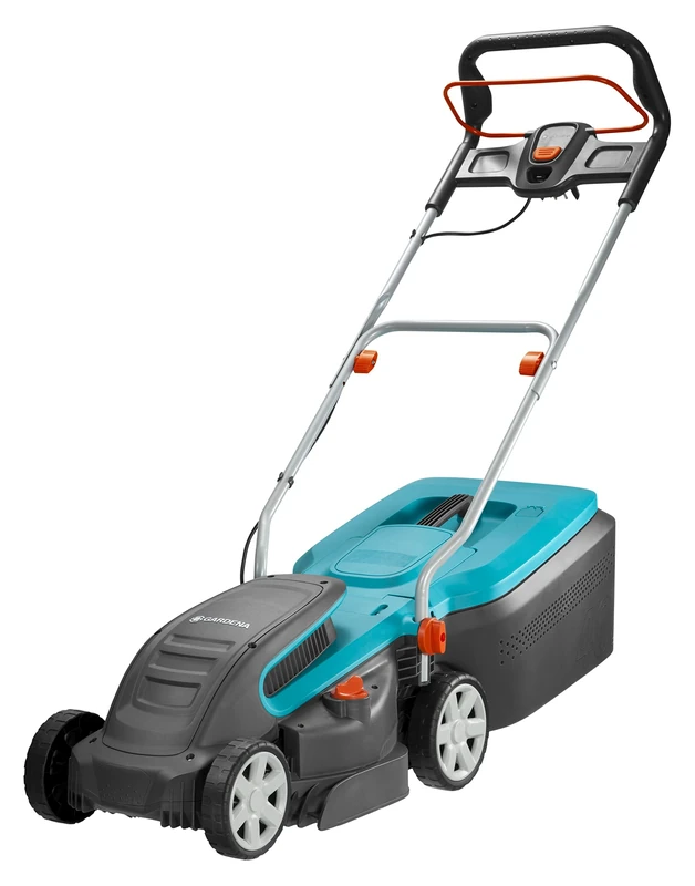 Gardena PowerMax 1400/34 electric lawn mower: Lawn areas of up to 400 m², 34 cm cutting width, 40 l capacity, cutting height 20-60 mm, folding boom, ergonomic handle (5034-28)