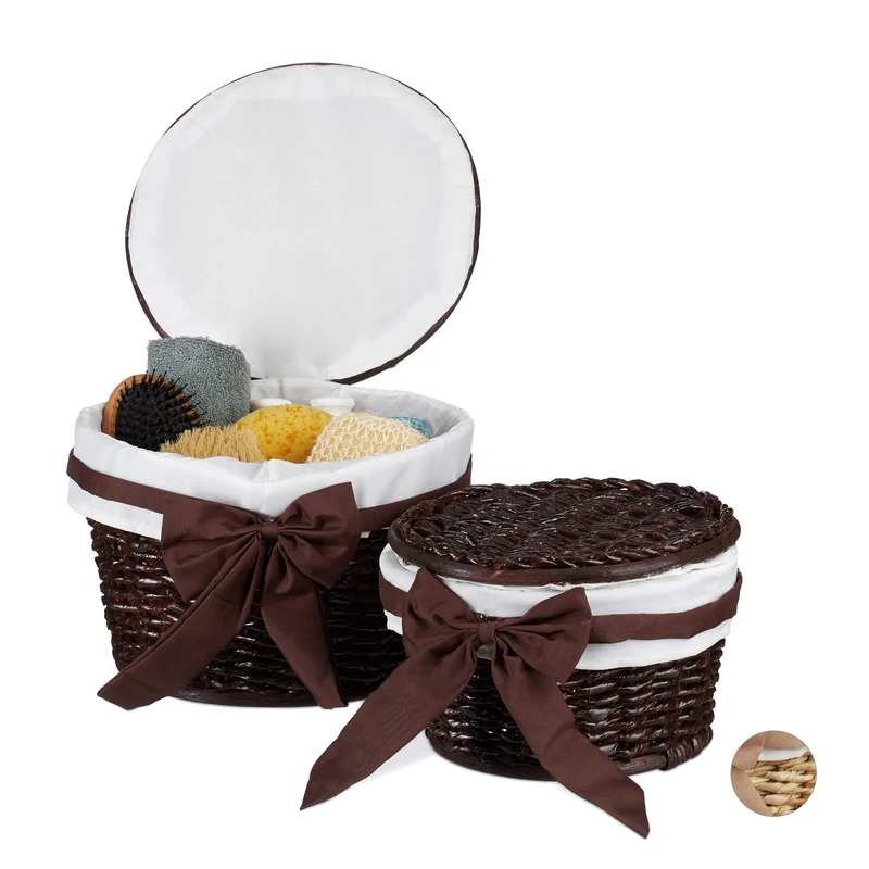 Relaxdays Bathroom Baskets Set of 2, Storage Box Set with Lids, Decorative Buri Wood, Wicker Look, Round, Choco Brown