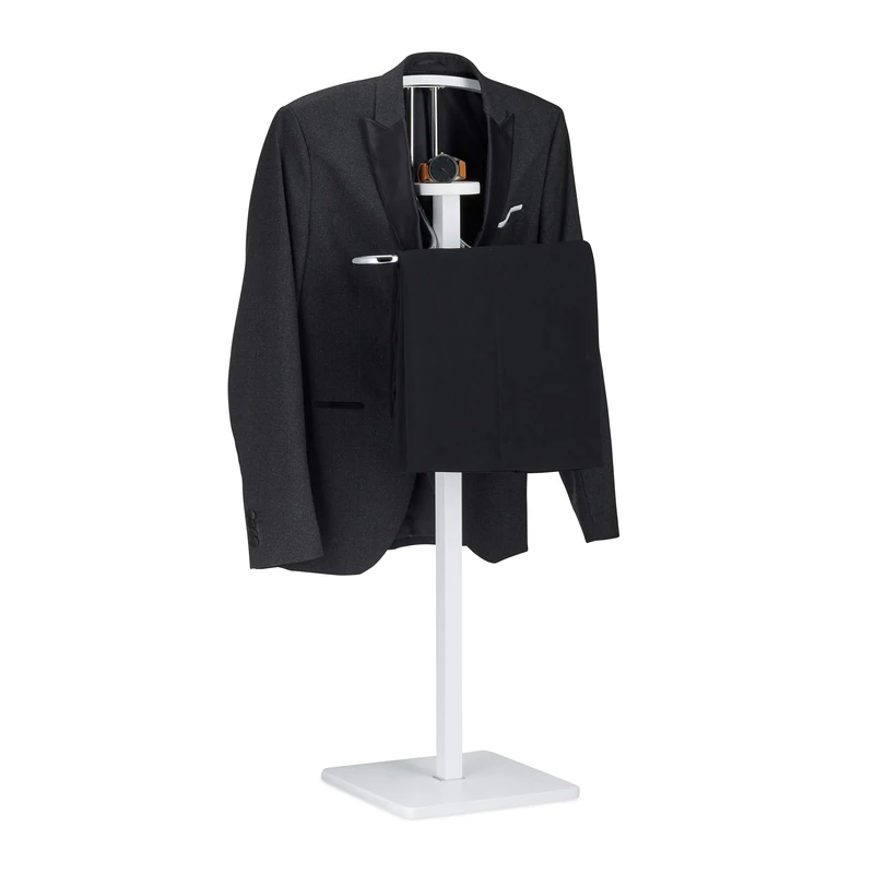 Relaxdays Clothes Valet with Trouser Rail and Coat Hanger, Freestanding, Butler, HxWxD 109.5 x 47 x 30 cm, White