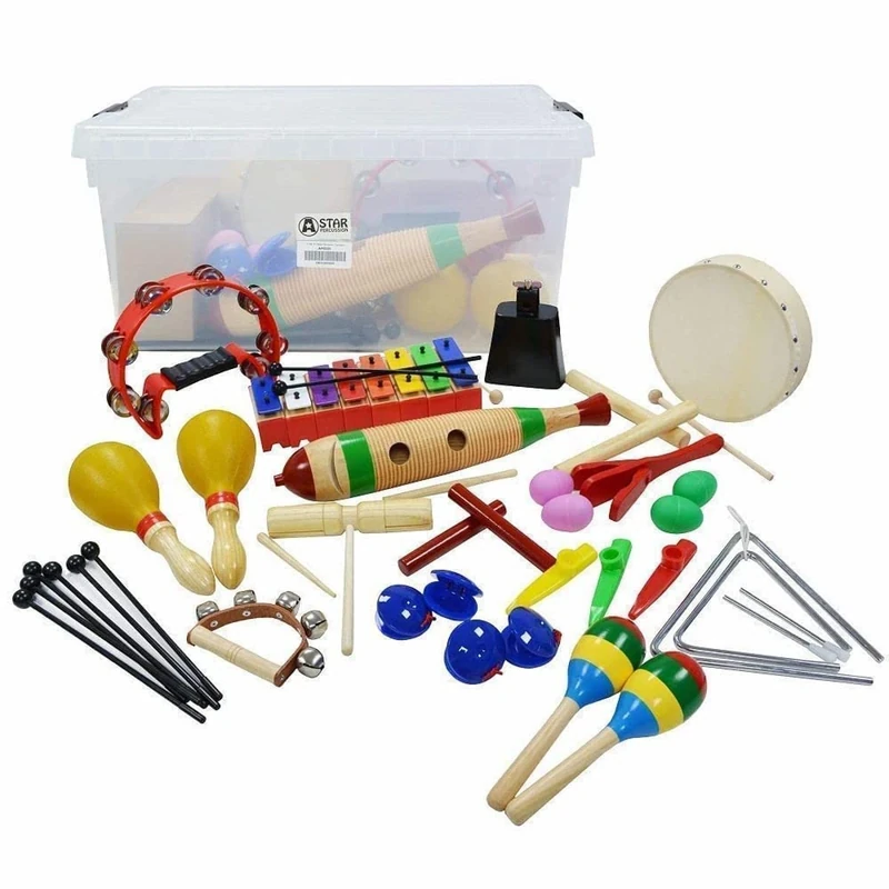 A-Star 34 Piece Percussion Set with Storage Box, Educational Wooden Metal Plastic Musical Instruments for Children Key