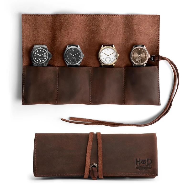 Hide & Drink, Watch Roll Organizer with 4 Slots, Storage Box, Jewelry Roll, Easy Carry On Watchlover Storage, Full Grain Leather, Handmade Travel Case, Bourbon Brown