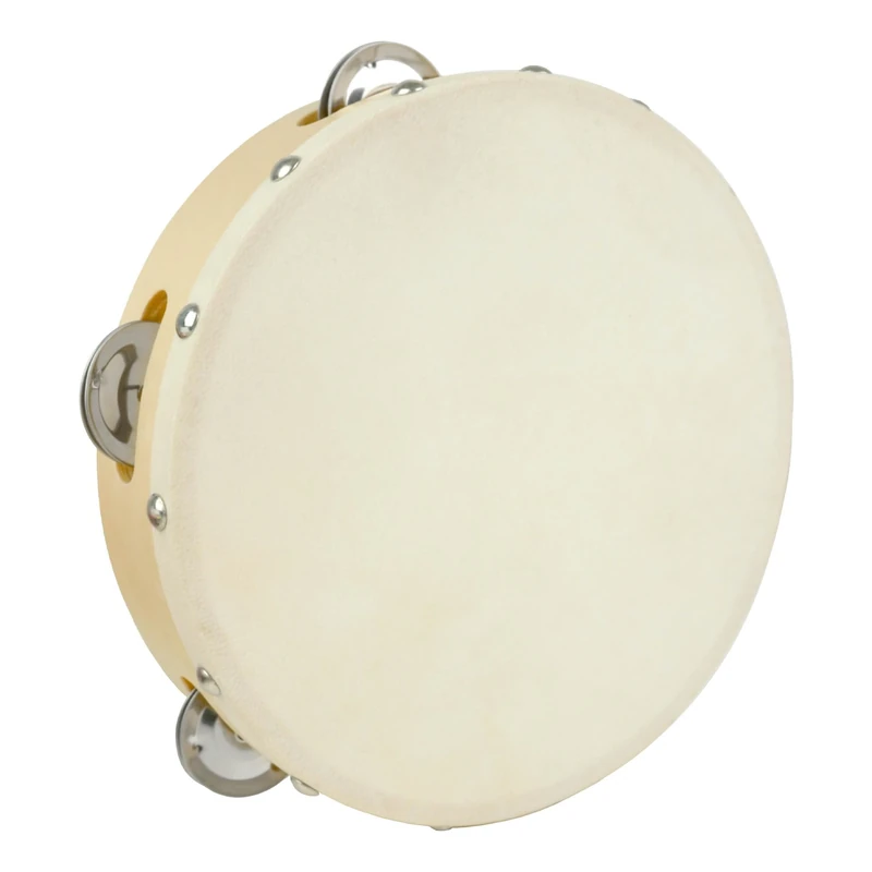 A-Star 8 Inch/20cm Handheld Headed Wooden Tambourine, Traditional Single Metal Jingle Bell Row - Natural Head - Pack of 10