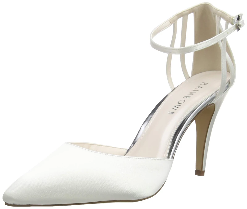 Rainbow Club Kennedy - High Heel Ivory Satin Bridal Wedding Shoes with Cage Detailing and Ankle Strap, 5 UK