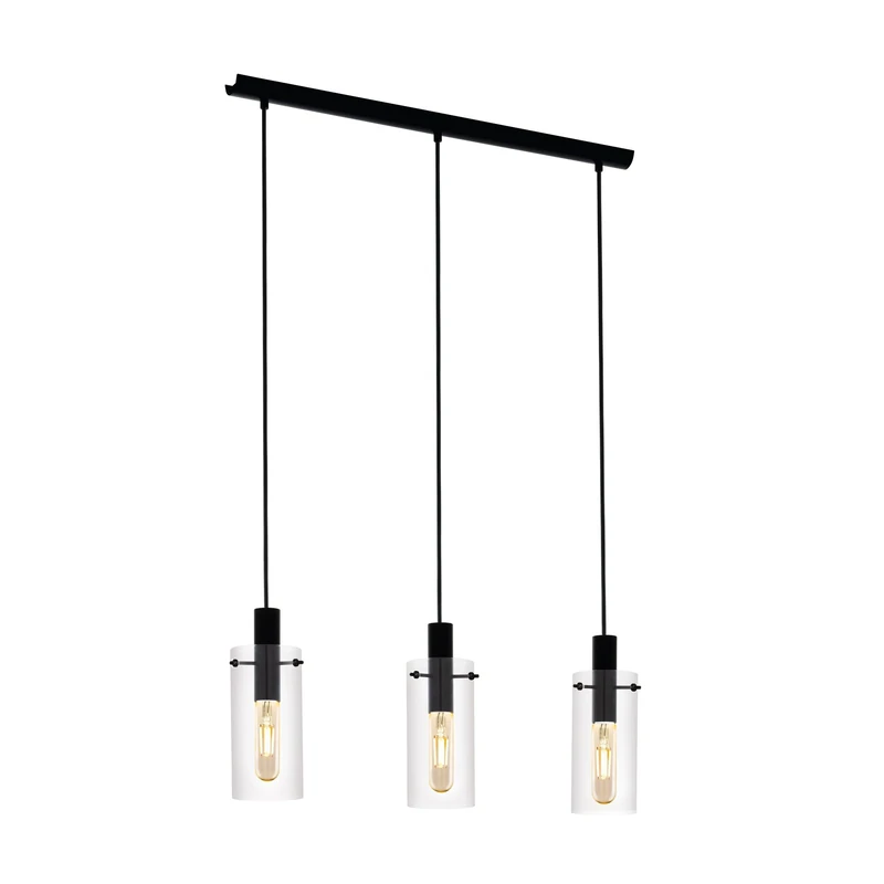 EGLO Montefino Pendant Light 3-Bulb Metal in Black and Clear Glass Dining Table Lamp Living Room Lamp Hanging with E27 Socket