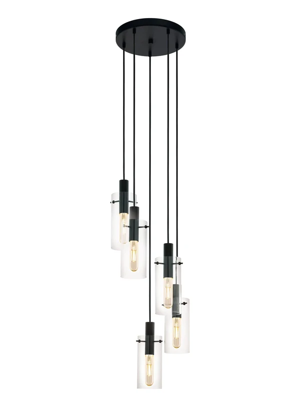 EGLO Montefino Pendant Light 5 Bulbs Metal in Black and Clear Glass Dining Table Lamp Living Room Lamp Hanging with E27 Socket