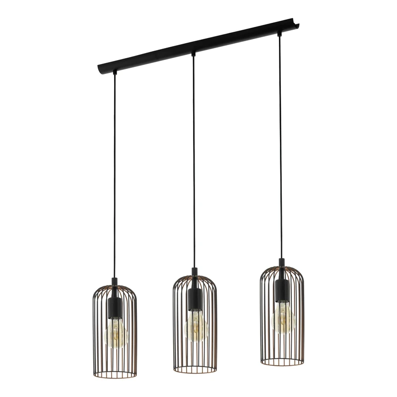 Eglo Roccamena 3-Flame Vintage Pendant Lamp, Black and Copper-Coloured Steel Hanging Light, Retro Dining and Living Room Hanging Lighting, E27 Socket