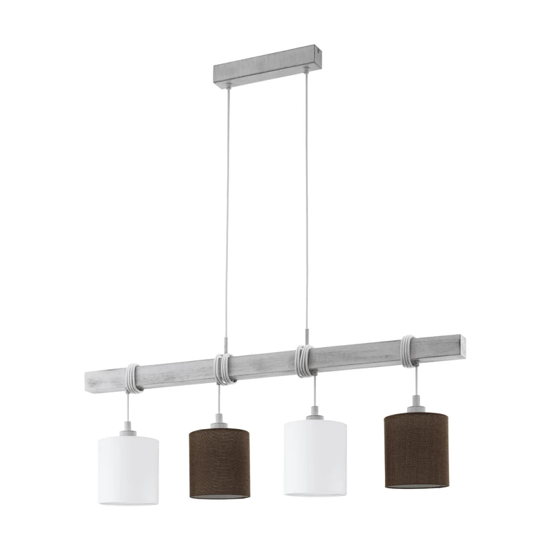 Eglo Pendant Light Townshend 2, 4-Light Hanging Lamp Vintage, Pendant Lamp Wood, Steel in White Patina and Textile, Linen in White, Brown, Dining Table Lamp, Living Room Hanging Light with E27 Socket