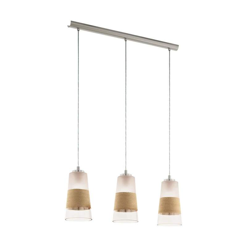 Eglo Pendant Light Burnham, 3-Light Hanging Lamp Vintage Retro, Suspension Lamp Steel Glass Bast Nickel Matte White Natural, Dining Table Light, Living Room Hanging Lamp with E27 Socket