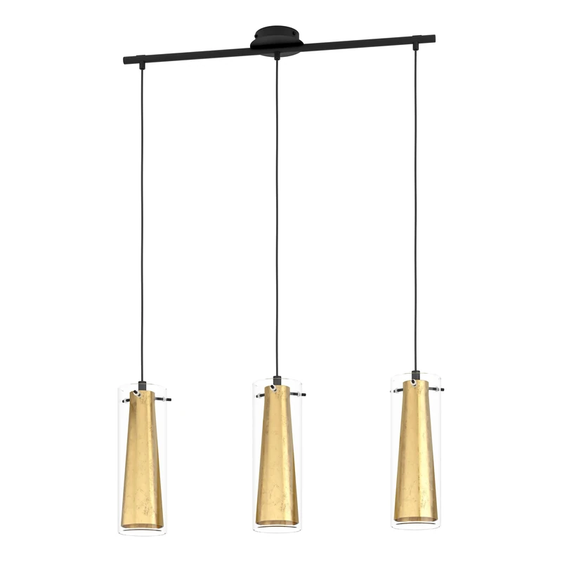 Eglo Pendant Lamp Pinto Gold, 3-Light Suspension, Dining Room Light in Black Metal and Transparent Gold Glass, E27 Socket