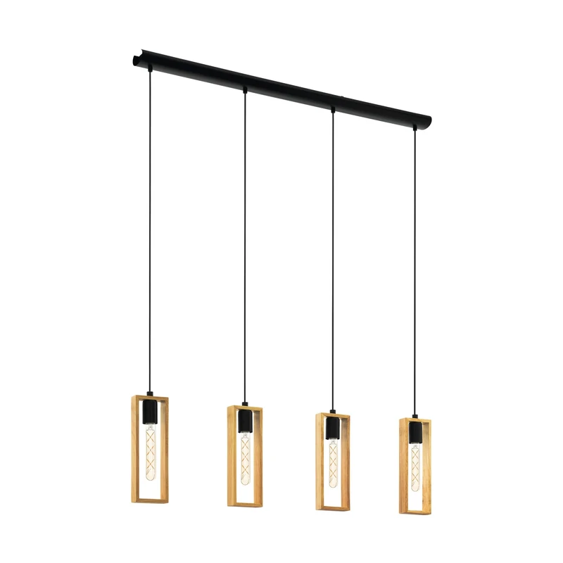 Eglo Pendant Lamp Littleton, 4-Light Vintage Pendant in Industrial Style, Retro Hanging Lamp Made of Steel and Wood, Colour: Black, Brown, Socket: E27