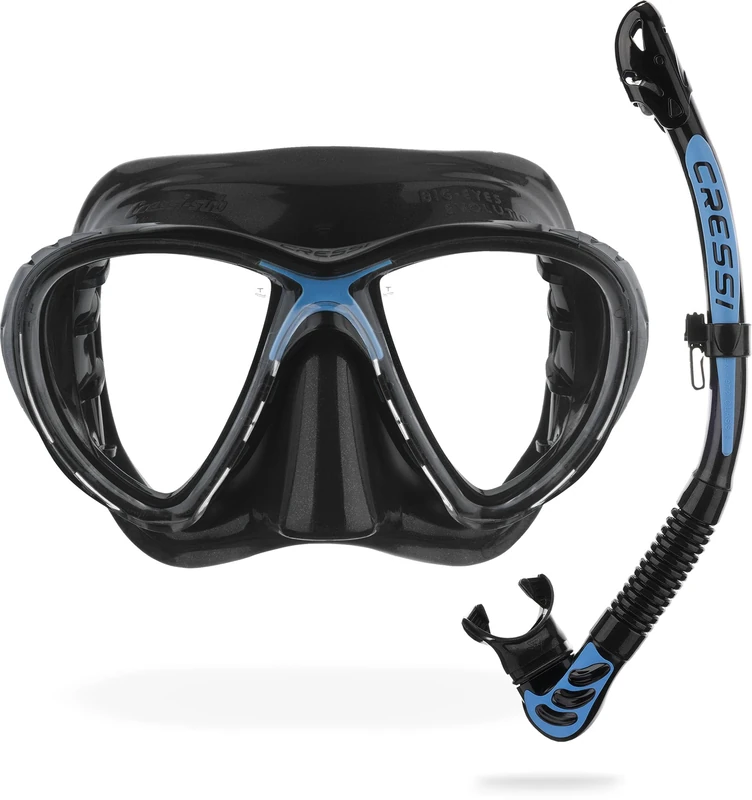 Cressi Big Eyes Evolution Mask & Alpha Ultra Dry Snorkel - Dive Combo Set, One Size, Black/Blue, Adult Unisex
