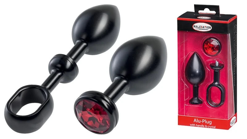 MaleSATION Aluminium Plug with Handle and Gemstone Large Black