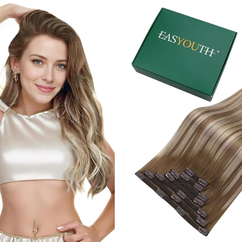 Easyouth Human Hair Extensions Clip in Balayage Blonde Real Hair Clips in Extension Light Brown to Platium Blonde with Brown Clip ins Hair Extensions Human Hair Soft and Stylish 16 Inch 120g 7Pcs
