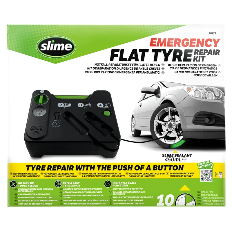 Slime 50129 Flat Tyre Puncture Repair, Emergency Kit, includes Sealant and Tyre Inflator Pump, suitable for cars and other highway Vehicles, 10 min fix