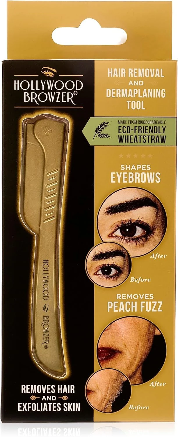 Hollywood Browzer Eco-Friendly Dermaplaning Razor - Eyebrow Shaping & Peach Fuzz Removal - Exfoliating Face Razor for Women - Facial Hair Remover & Dermaplaner Tool - Gold