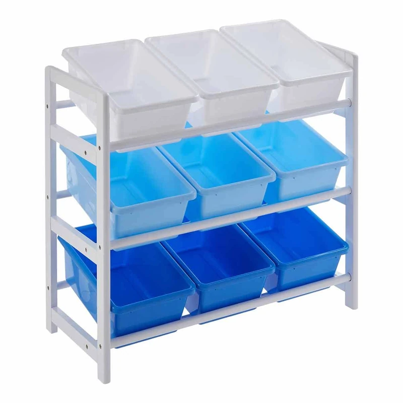 Premier Housewares 3 Tier Storage Unit, 9 Plastic Bins, Blue/White, Pine Wood