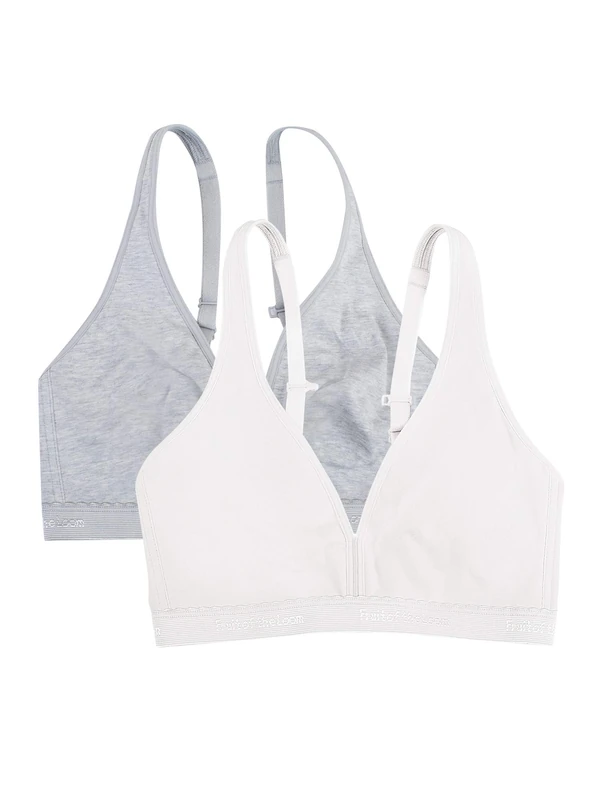 Fruit of the Loom Women's Wirefree Cotton Bralette Bra, Opaque, Heather Grey/White, 38B (Pack of 2)