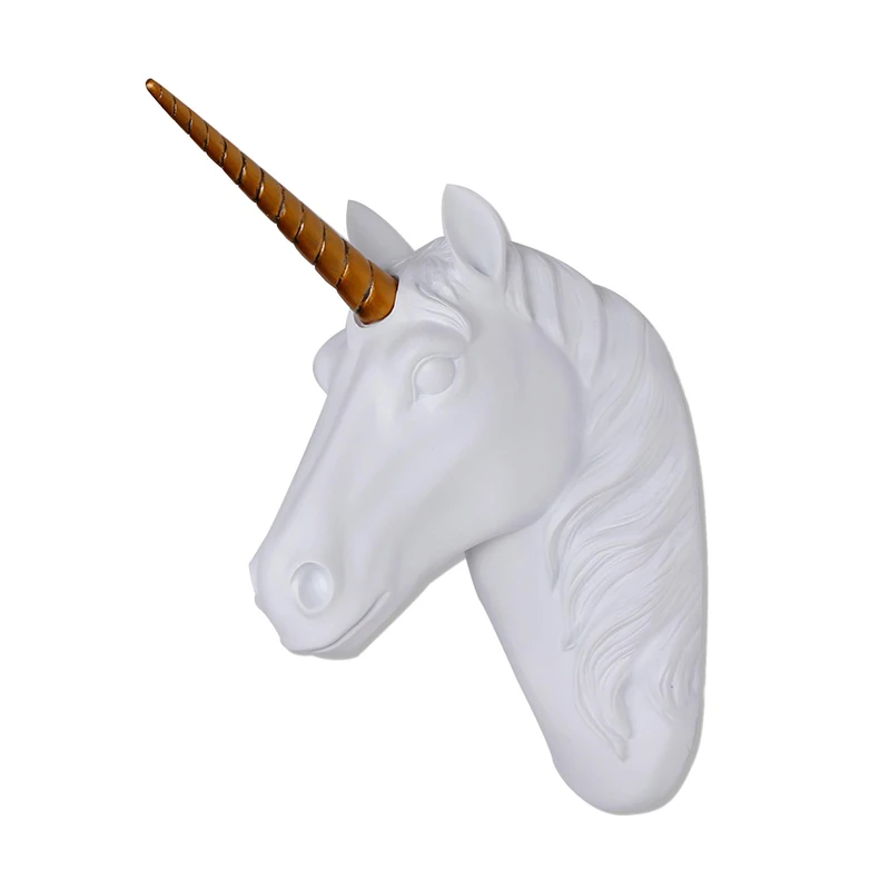 Keygift Unicorn Head Wall Mount White Unicorn Head Sculpture With Gold Horn Faux Resin Animal Head Wall Decor Ready To Hang - 10x5x13 Inches