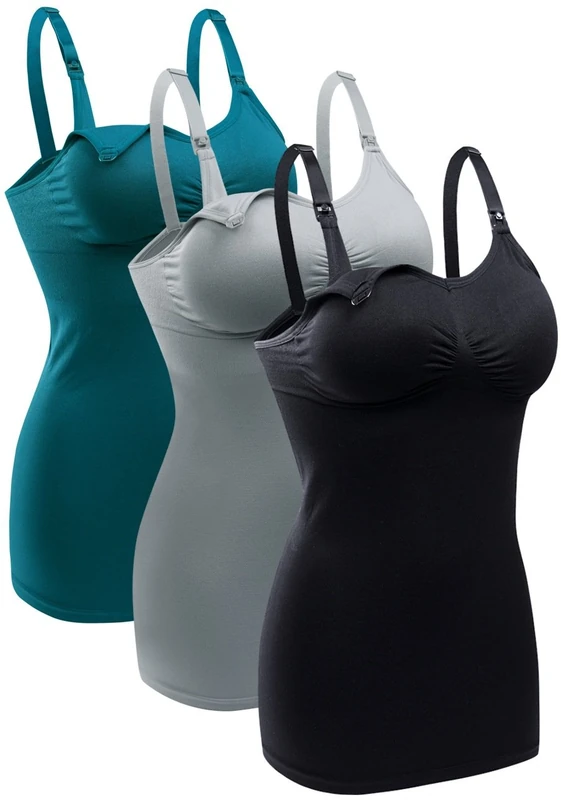 BRLIDO Womens Nursing Tank Tops Built in Bra for Breastfeeding Maternity Camisole Brasieres Color Black Grey Green Size M Pack of 3 - Image 1