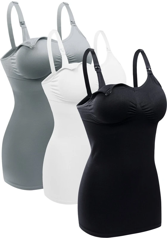 Womens Nursing Tank Tops Built in Bra for Breastfeeding Maternity Camisole Brasieres Color Black Grey White Size M Pack of 3 - Image 1