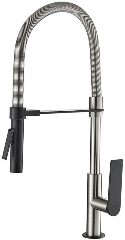 GRIFEMA LYON-G14001A Pull Out- Down Kitchen Mixer Taps with Black Dual Function Spray Head and Tall Flexible Spout (59cm), Nickel Brushed