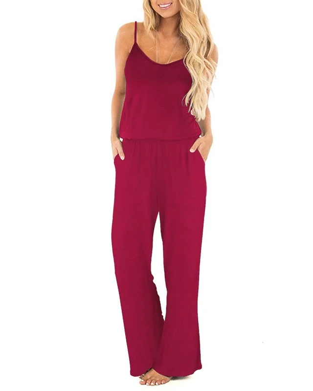 OUGES Women Sleeveless Jumpsuit - Wide Leg, Pockets - Wine