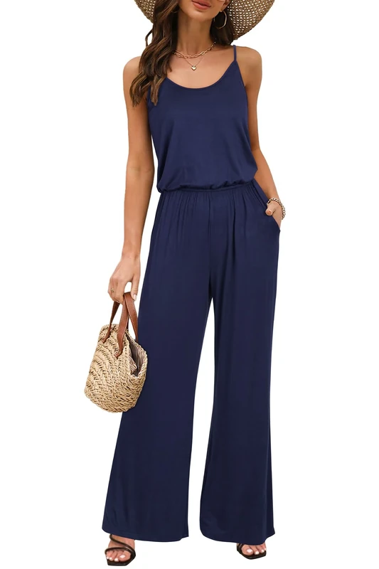 OUGES Women Sleeveless Jumpsuits Wide Leg Pants Summer Casual Playsuit with Pockets(Navy,M)