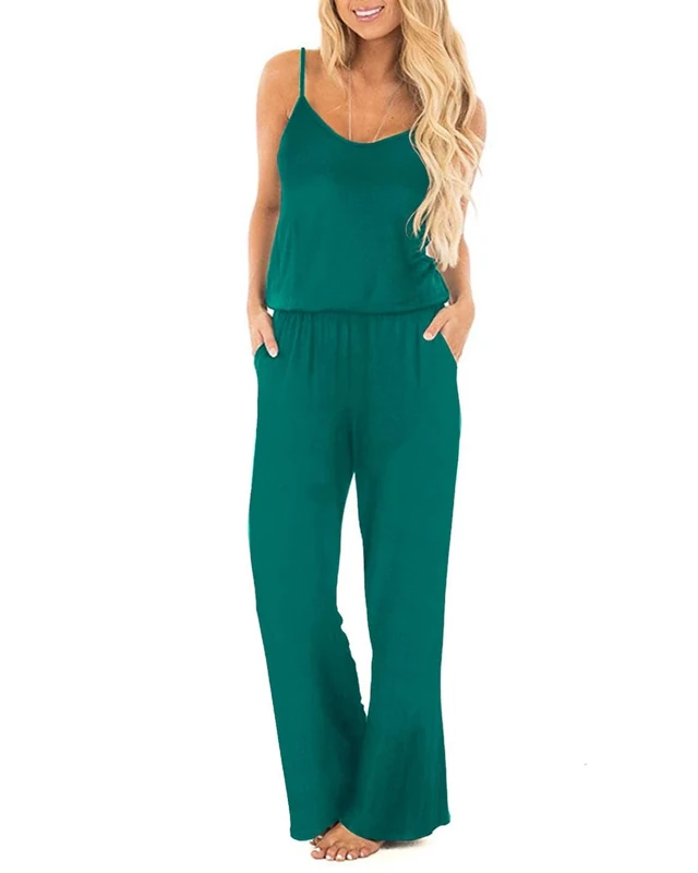 OUGES Women Sleeveless Jumpsuits Wide Leg Pants Summer Casual Playsuit with Pockets(Green,M)