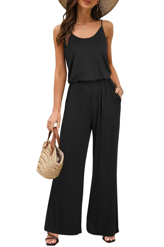 OUGES Women Sleeveless Jumpsuits Wide Leg Pants Summer Casual Playsuit With Pockets(Black,M)