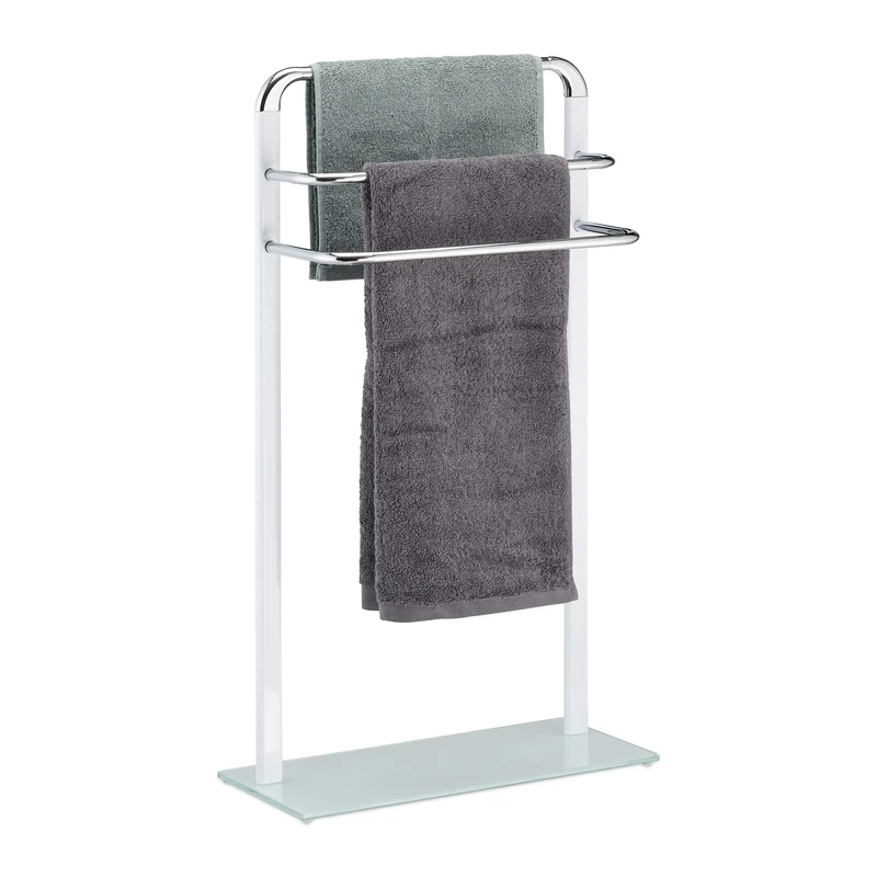 Relaxdays Towel Rack, Chromed Metal Towel Holder, HWD 80x45x20 cm, Clothes Valet, 3 Rails, White/Silver