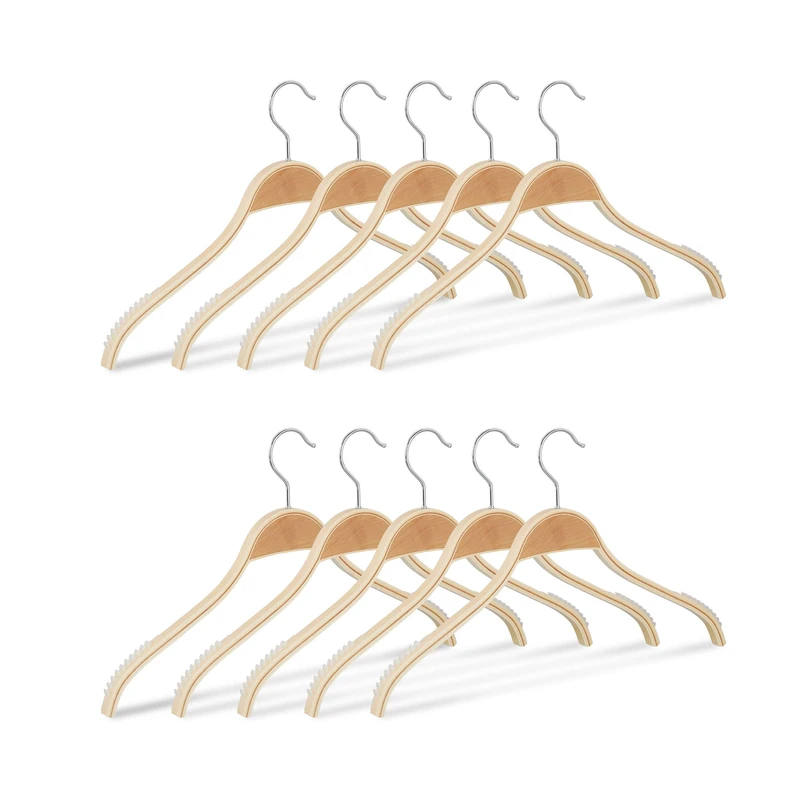 Relaxdays Set of 10 Wooden Clothes Hangers, Anti-Slip Slats, 360° Swivel Hooks, Wardrobe Organisers, 40 cm, Natural, Wood, 23 x 40 x 1.3 cm