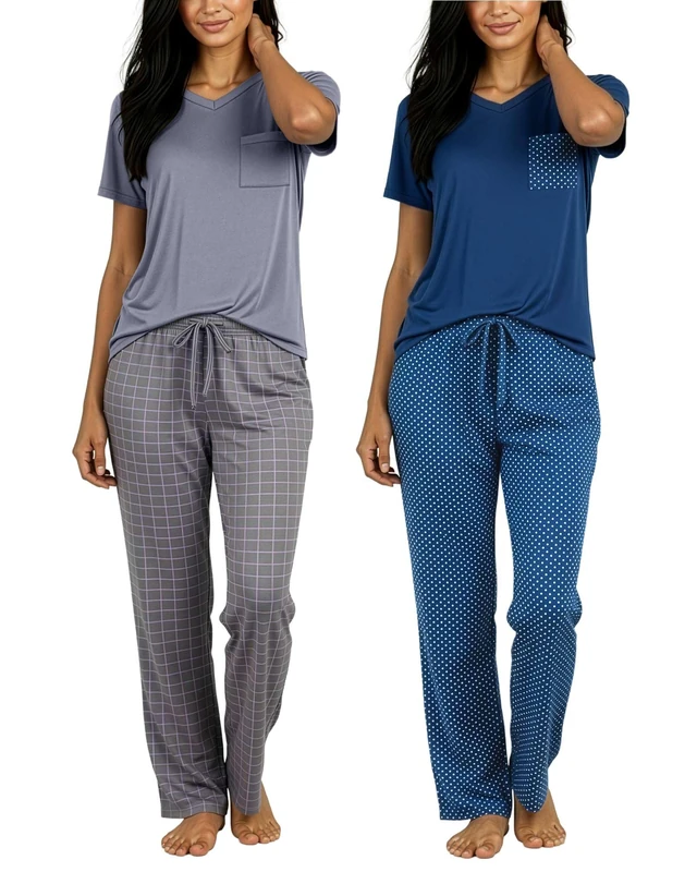 Real Essentials 4 Piece: Women’s Super-Soft Pajama Set V-Neck Short Sleeve Top with Pants Loungewear - Multicoloured - Medium