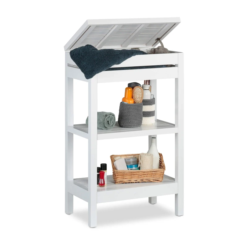 Relaxdays Bamboo Shelf, Standing Shelf, 3 Storeys, Slot with Lid, Open, HWD 76.5 x 46 x 29.5 cm, White