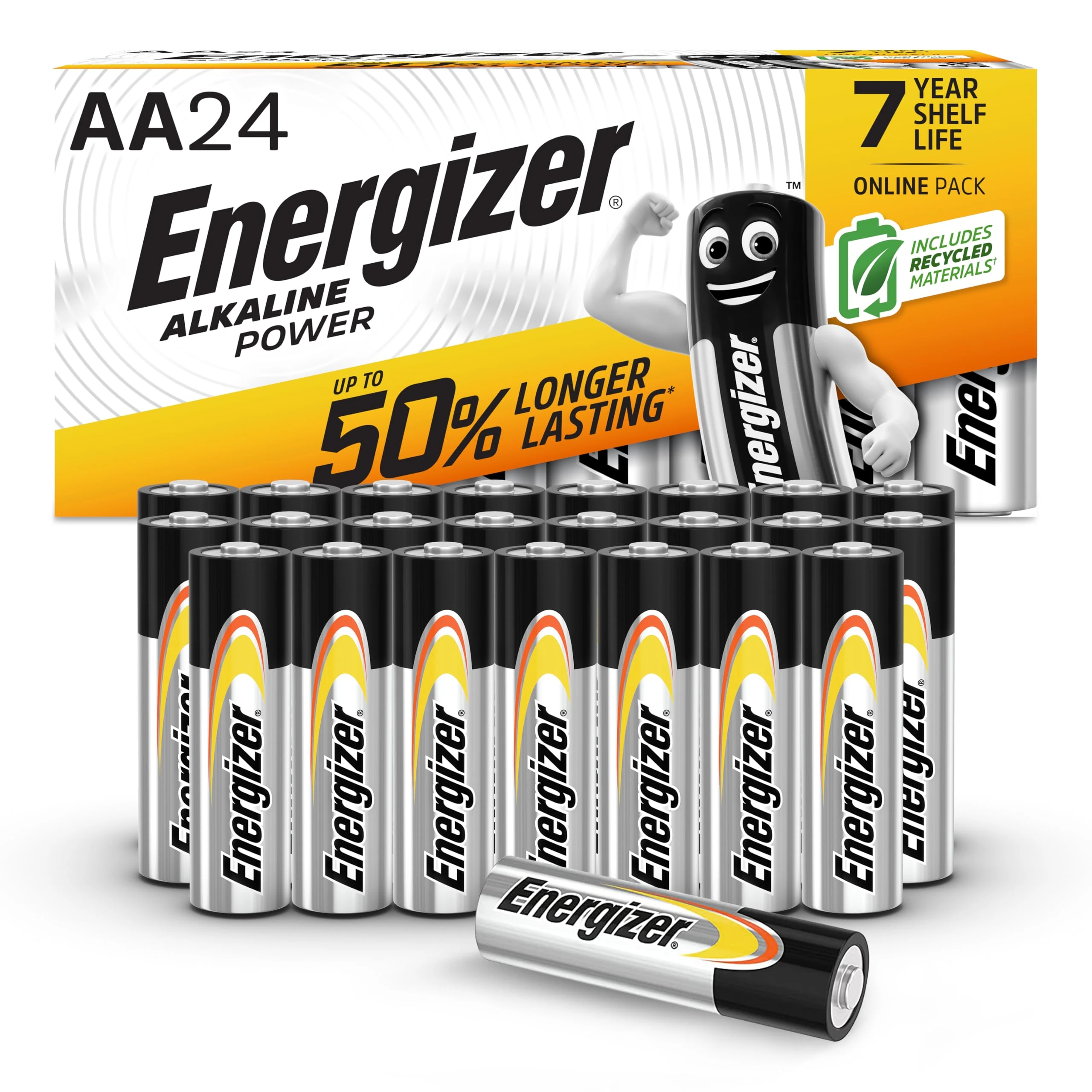 Energizer Alkaline Power - AA Batteries (24 Pack) - Double A Battery 1.5V - Up To 50% Longer Lasting - For Everyday Devices - 100% Recyclable Packaging - 7 Year Shelf-Life [Amazon Exclusive]