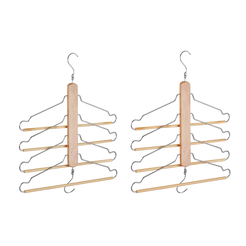 Relaxdays Multi Clothes Hanger Pack of 2, Holder with 4 Flexible Coat Hangers, Organiser, Metal Hooks, Lotus, Natural