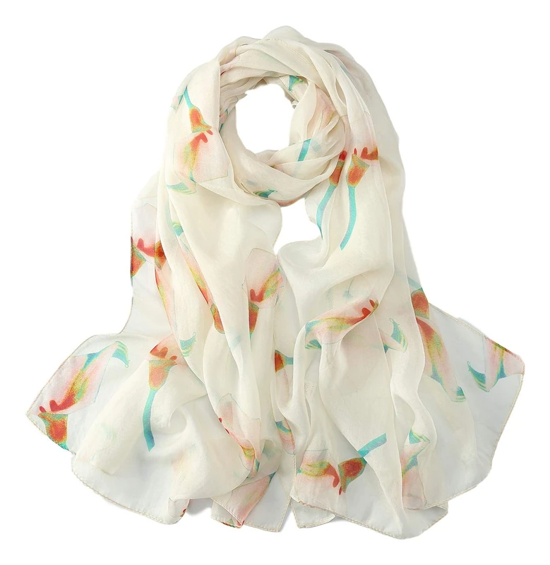 JWSilk Long Silk Chiffon Scarf Floral Print - white - Medium