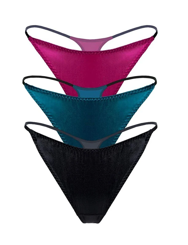 SilRiver Womens Silk Spandex G-String Thong Panty, Sexy T-Back Underwear with Soft Satin (X-Large, Rose Violet & Turkish Blue & Black)
