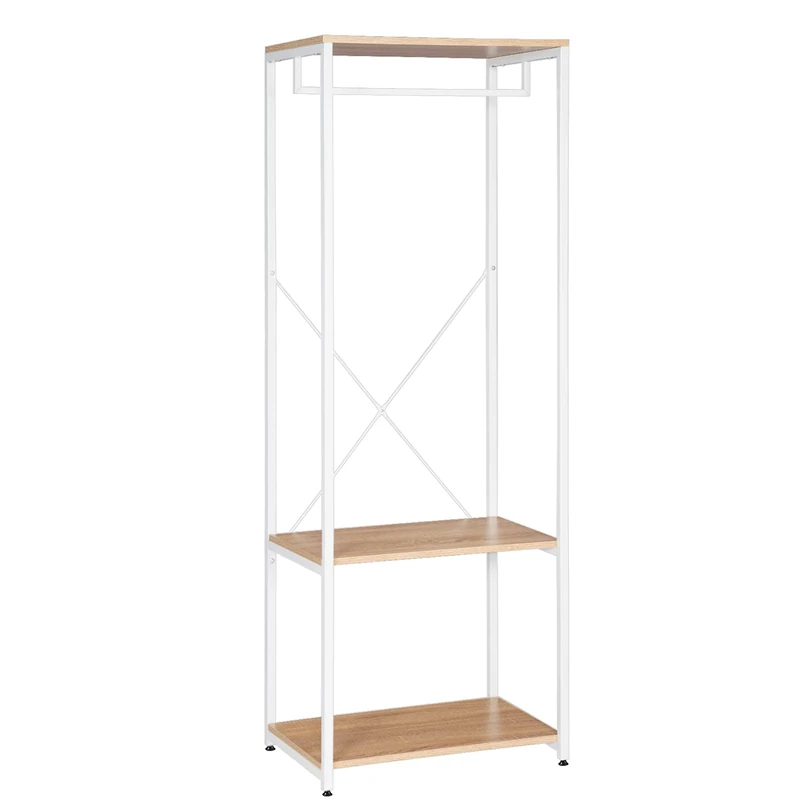 WOLTU Heavy Duty Clothes Rail,White Metal Coat Stand Light Oak Wooden Clothing Storage Wardrobe with 2 Tiers Shoe Rack Storage Unit SR0046whe-UK - Image 1