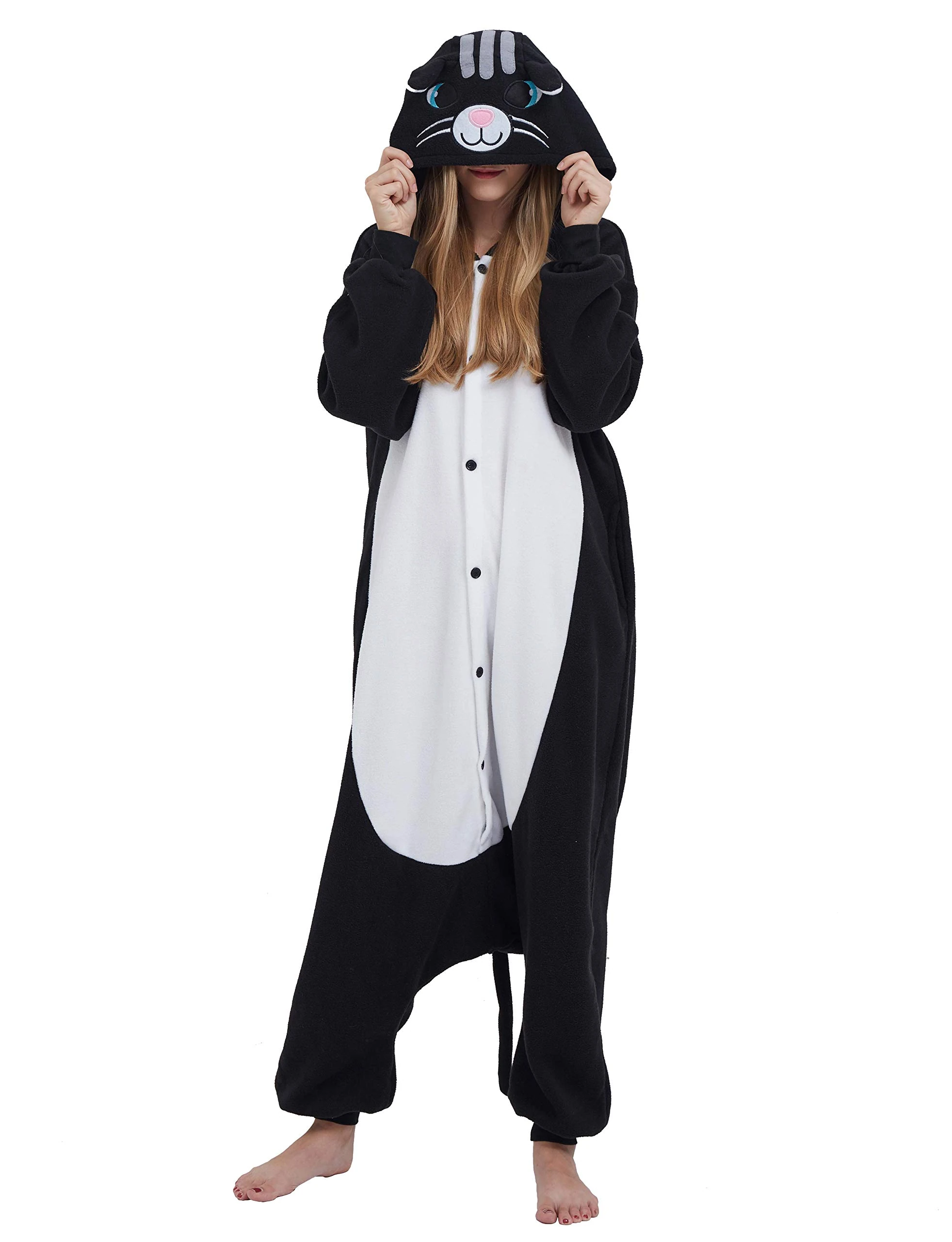Women's Adult Pajamas Unisex Animal Onesies Novelty Pyjamas Nightwear Halloween Homewear Cosplay Costume Loungewear Onepiece, Cat Black, XL( 178-187CM )