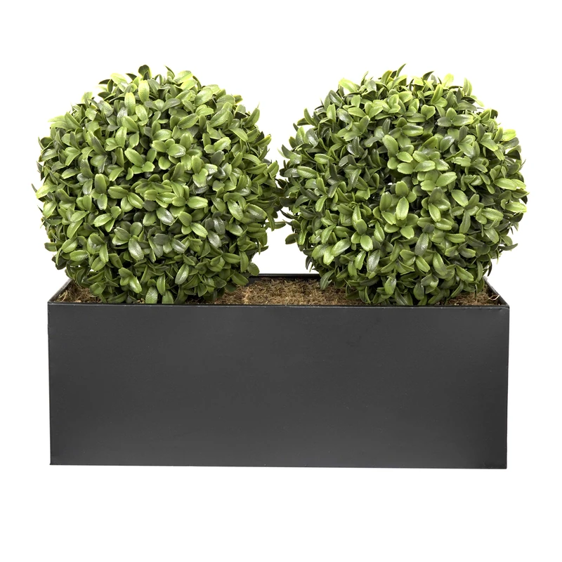 (Window Box) 35cm Double Boxwood Topiary Balls in Black Tin Planter