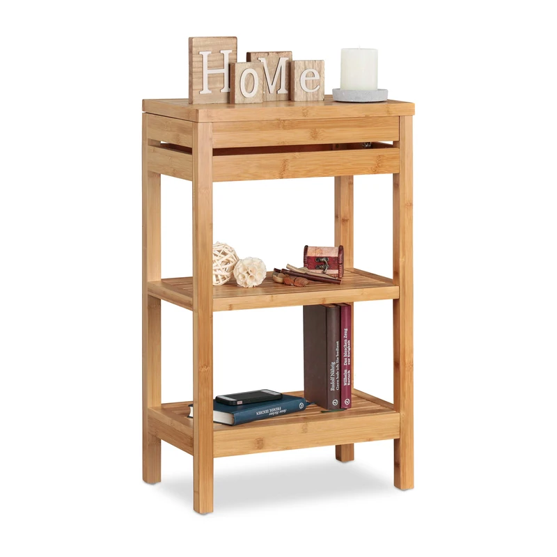Relaxdays Bamboo Bathroom Shelf, 3-Tier Standing Rack, Lidded Compartment, Open, HWD 76.5 x 46 x 29.5 cm, Natural
