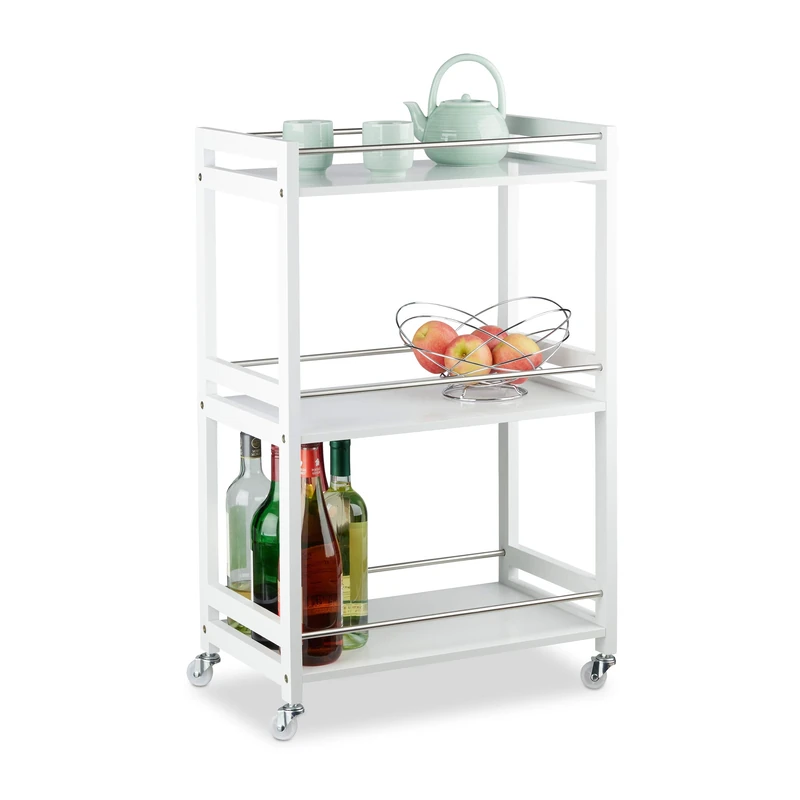 Relaxdays 3-Tier Serving Cart, Bamboo Kitchen Trolley, Tea Station, MDF, Steel, HxWxD: 80.5 x 51 x 30 cm, White