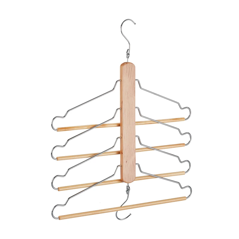 Relaxdays Multi Clothes Hanger, Holder with 4 Flexible Coat Hangers, Organiser, Metal Hooks, Lotus Wood, Natural - Image 1