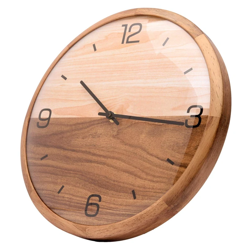 Driini Analog Dome Glass Wall Clock (12") - Pine Wood Frame with Two-Tone Wooden Face - Battery Operated with Silent Movement - Large Decorative Clocks for Classroom, Office, Living Room, or Bedrooms - Image 1