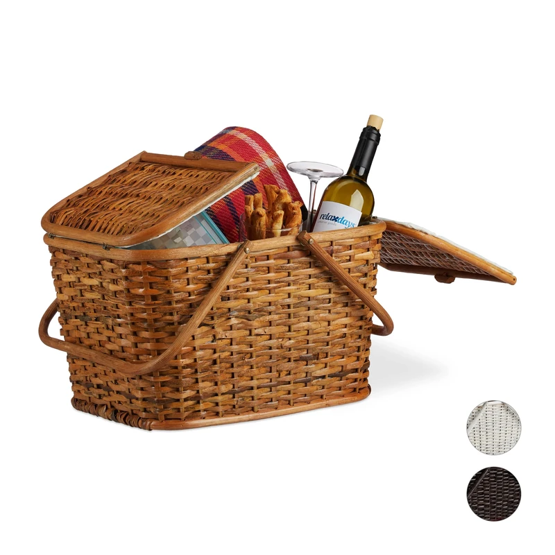 Relaxdays Lidded Picnic Basket. Braided with Handles, Big Shopping Basket, Hand-Woven, Rattan, Light Brown